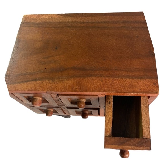 Balinese Wooden Jewelry Box Has 6 Distinct Pull Out Drawers on Wrought Iron Legs - Picture 3 of 16